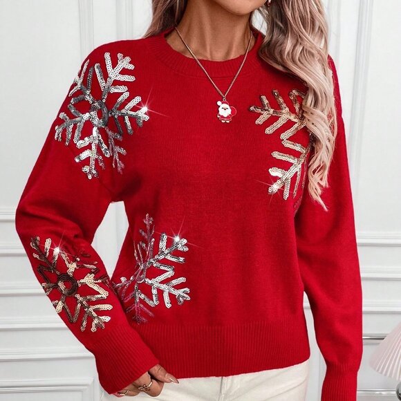 Red Casual Women's Round Neck Valentine's Day Patchwork Snowflake Sequin Sweater - Picture 5 of 7